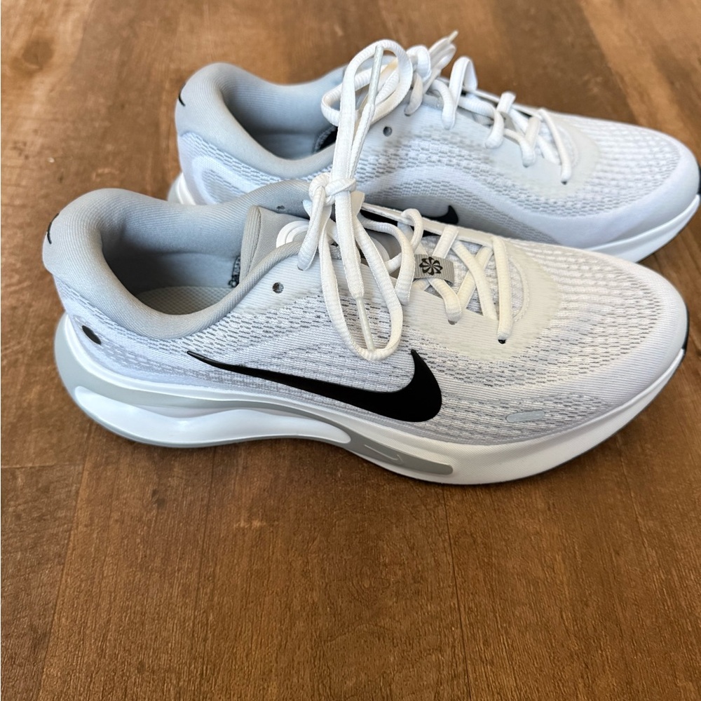 Nike White Journey running shoes with Black Swoosh and light gray accents